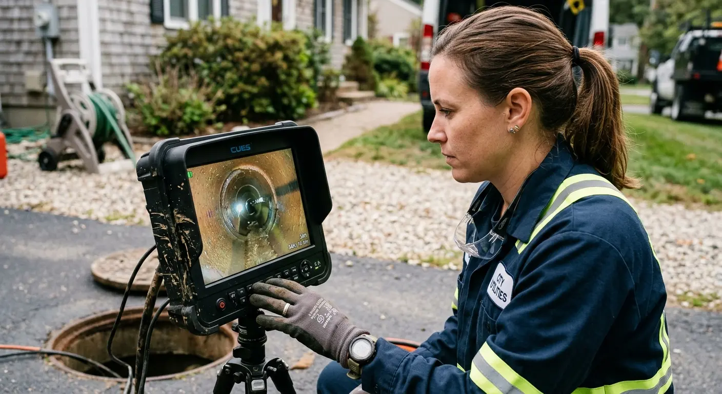 Technician reviewing sewer camera inspection footage in Manhattan