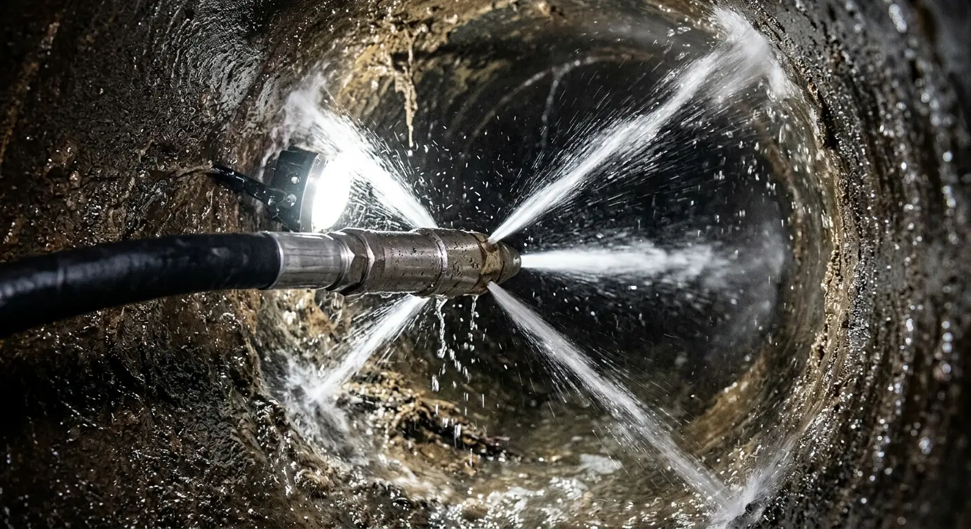 High-pressure hydro jetting nozzle cleaning sewer pipe for Sewer Cleanout in Manhattan