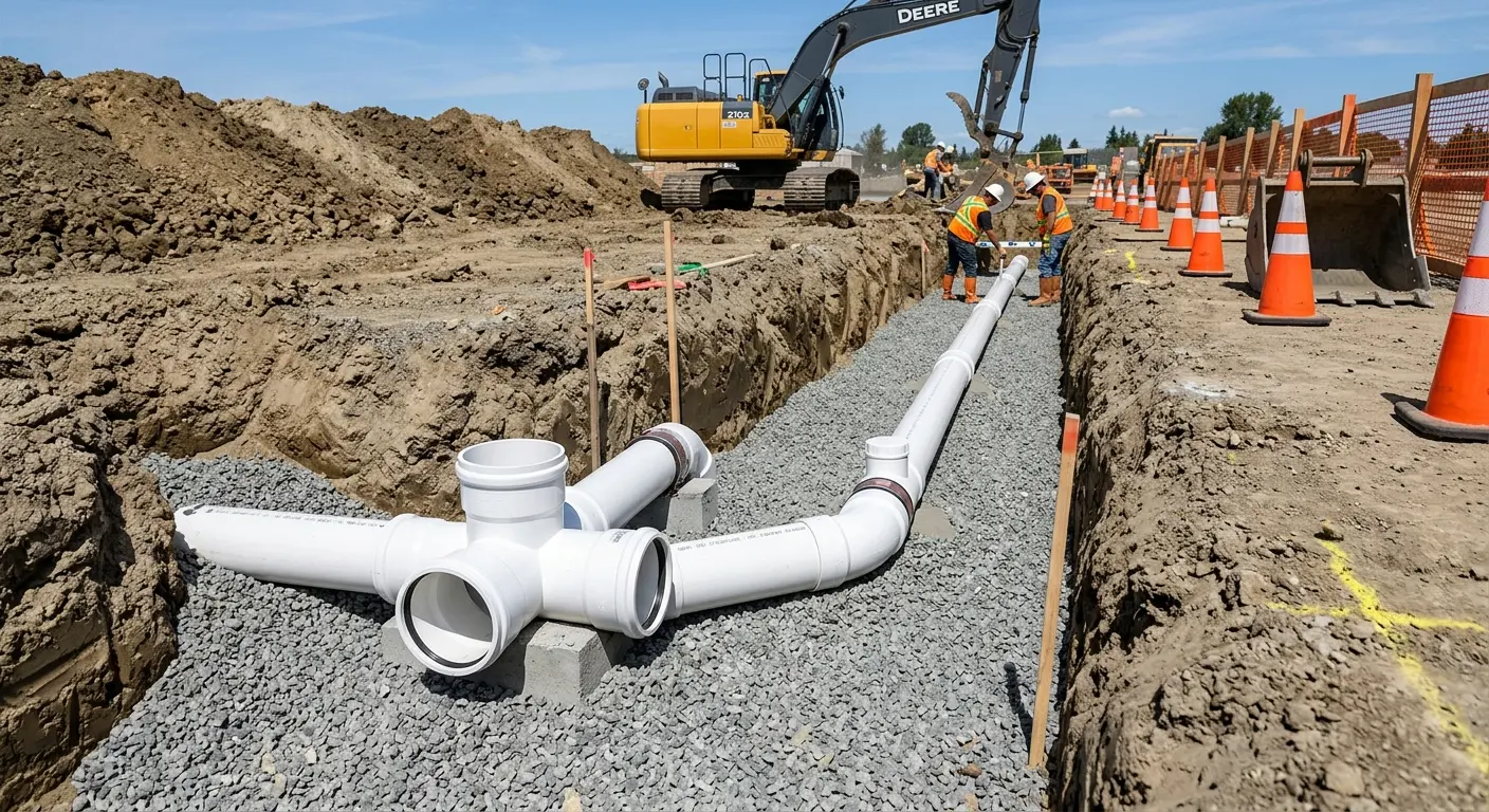 New PVC sewer pipe installation in open trench for Sewer Backup in Manhattan