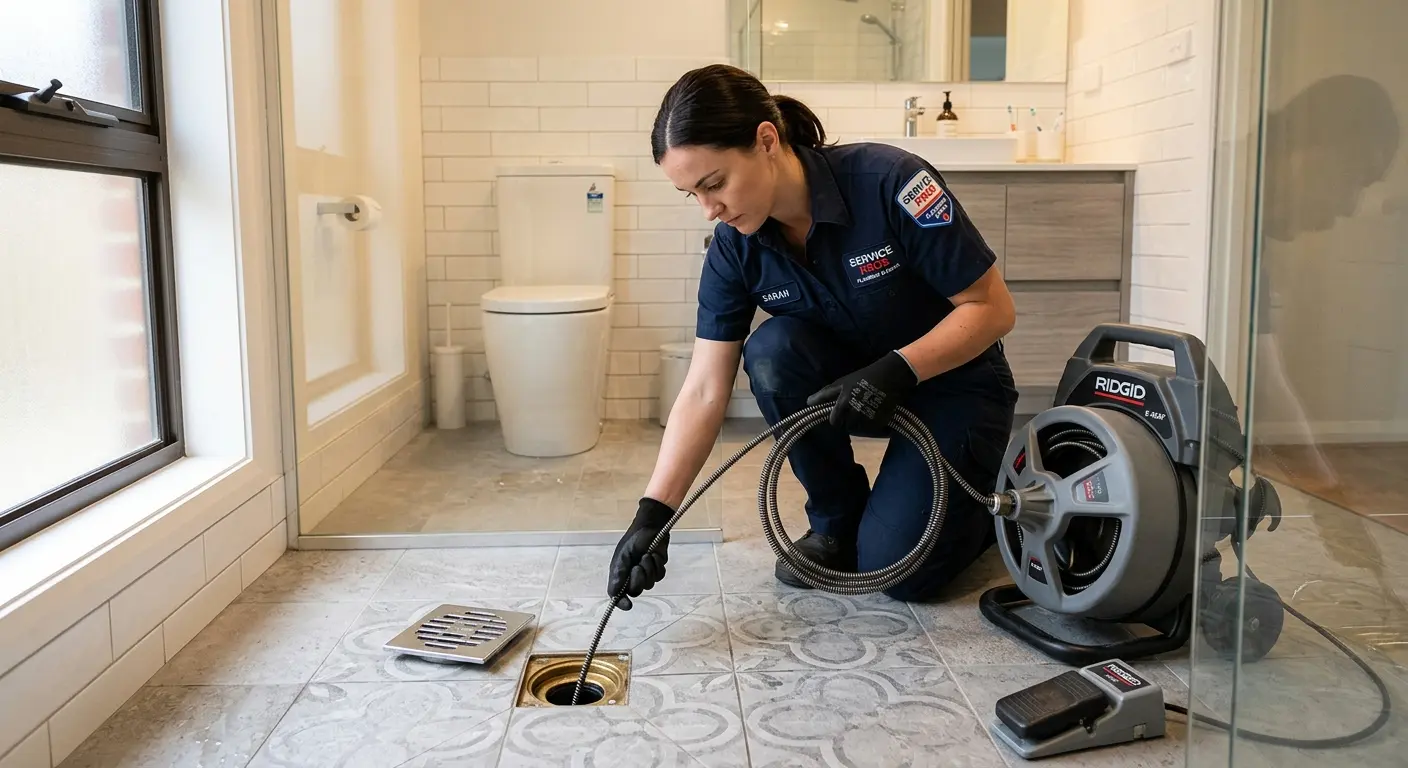 Technician clearing a bathroom floor drain for Hydro Jetting in Manhattan